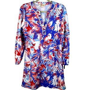 Aryeh Blue Red Floral Long Sleeve UPF protection Dress Split Neck Fringe Trim
